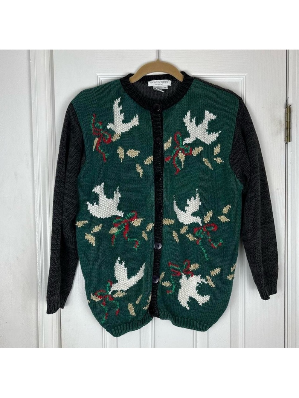 Vintage 90’s Jennifer Reed Chunky Knit Holiday Christmas Dove Cardigan Sweater